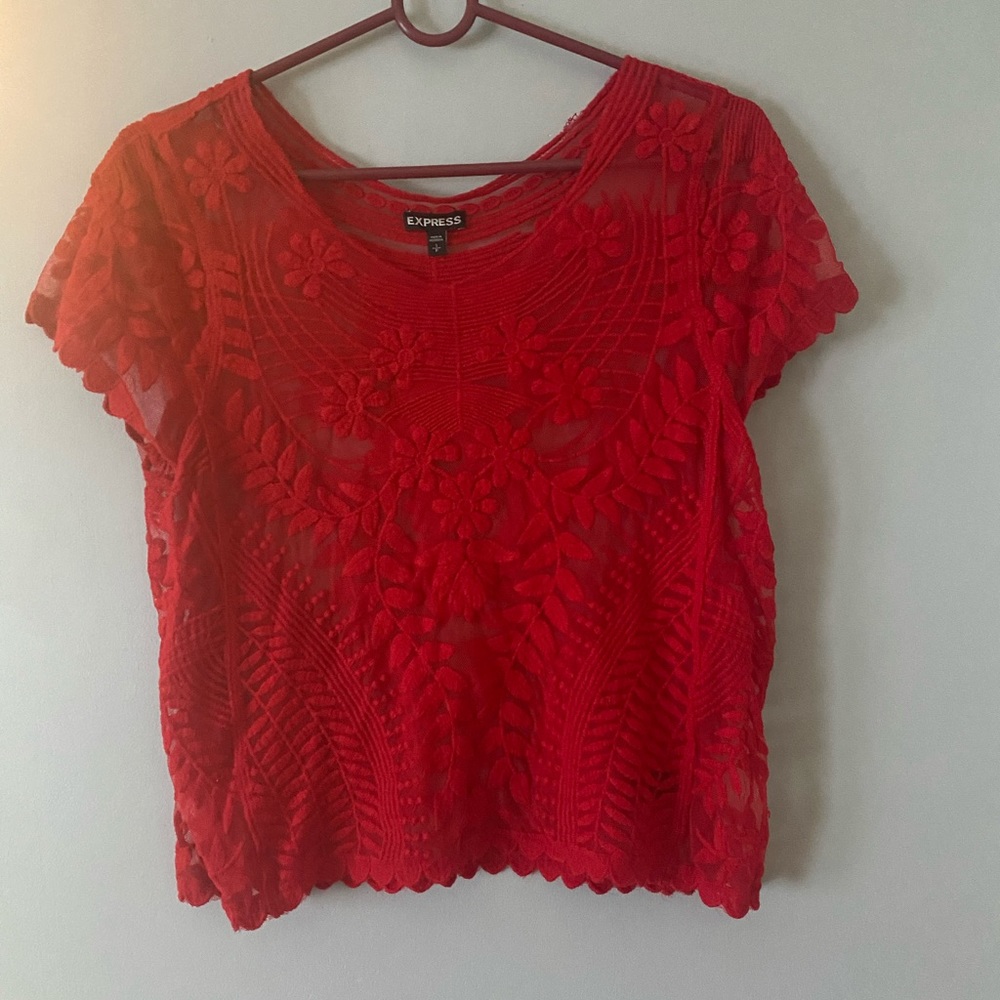 Express lace red crop top shirt small